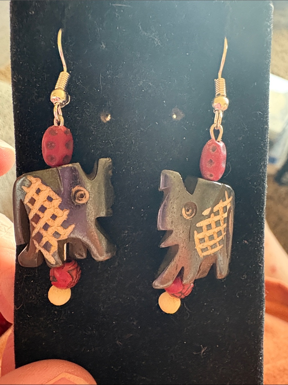 Hand Crafted Wooden Elephant Bead Dangle Earrings with Red Carved Stone Accents